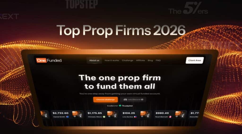 A digital display shows the homepage of "One Funded," a prop trading firm, with the headline "Top Prop Firms 2026" above the screen and an abstract orange wave background behind it. | FintechZoom