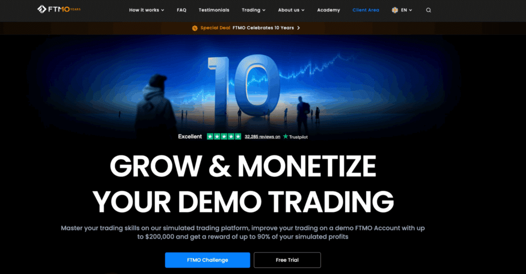 A website homepage features a large "10" with blue financial charts in the background, two silhouetted figures, and bold text: "GROW & MONETISE YOUR DEMO TRADING." Menu and Trustpilot rating are visible at the top. | FintechZoom