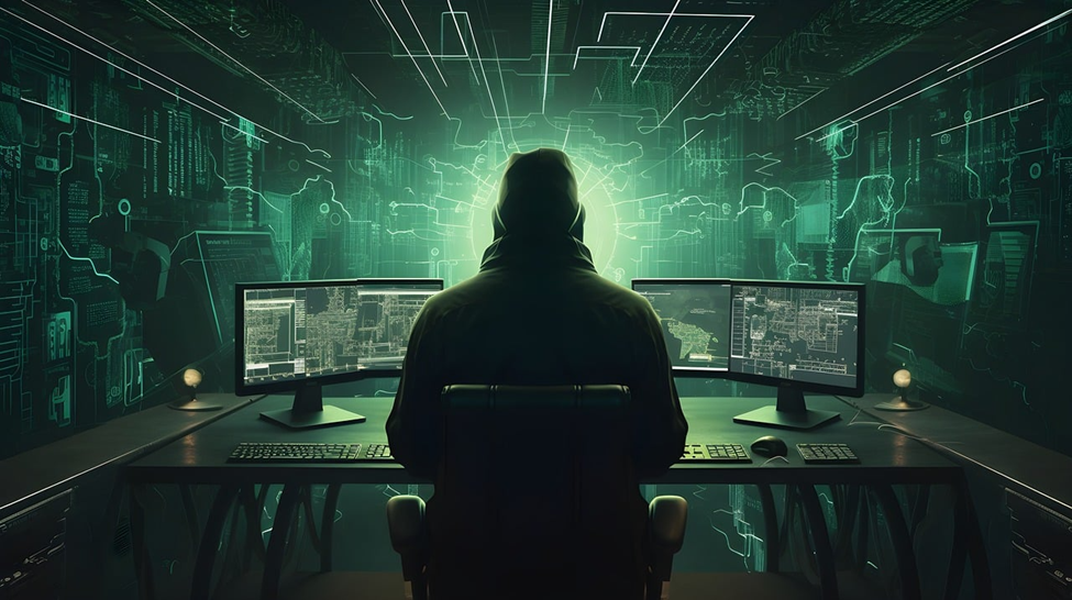 A person in a hooded jacket sits at a desk with multiple computer monitors displaying code and data, surrounded by digital graphics and green glowing lines, suggesting a AI scams or hacking environment. | FintechZoom