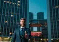 A man in a suit stands outdoors between tall office blocks at dusk, smiling and extending his hand forward as if offering a handshake. | FintechZoom