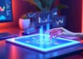 A person’s hand interacts with a glowing digital tablet displaying holographic graphs and charts in a modern workspace with colourful lights and a computer monitor in the background. | FintechZoom