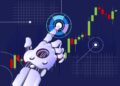 A robotic hand touches a digital interface with financial charts, candlestick graphs, and data visualisations on a dark blue background, symbolising AI in stock trading or financial technology. | FintechZoom
