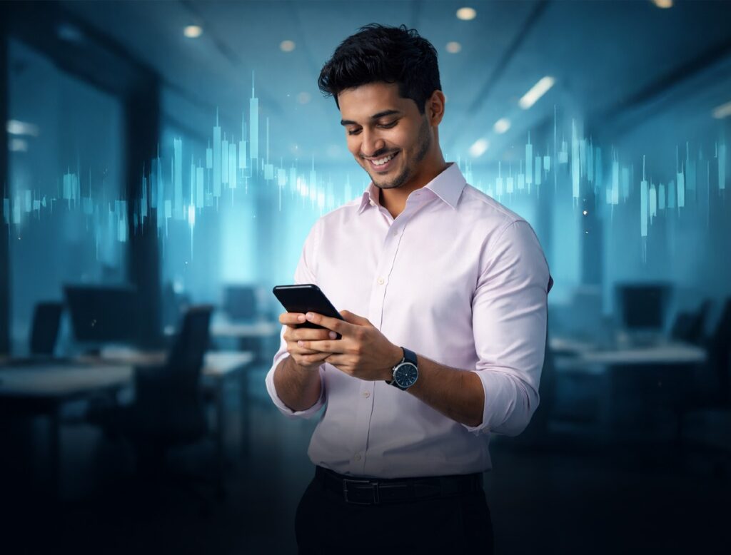 A smiling man in a light pink shirt stands in a modern office, looking at his mobile phone. Blue digital stock market graphs appear in the background, blending technology with a professional business environment. | FintechZoom