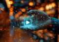 A hand holds a glowing play button icon surrounded by digital data and abstract light effects, symbolising technology, media, or digital streaming in a futuristic setting. | FintechZoom