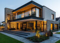A modern two-storey house with large glass windows, stone and wood accents, warm interior lighting, a spacious patio, and a well-manicured lawn at dusk. | FintechZoom