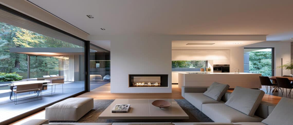 Modern open-plan living room and kitchen with large windows, neutral-toned furniture, a central fireplace, and views of a lush garden—perfect for comfort and peace of mind with the right Home Insurance quote. The space is bright and uncluttered. | FintechZoom