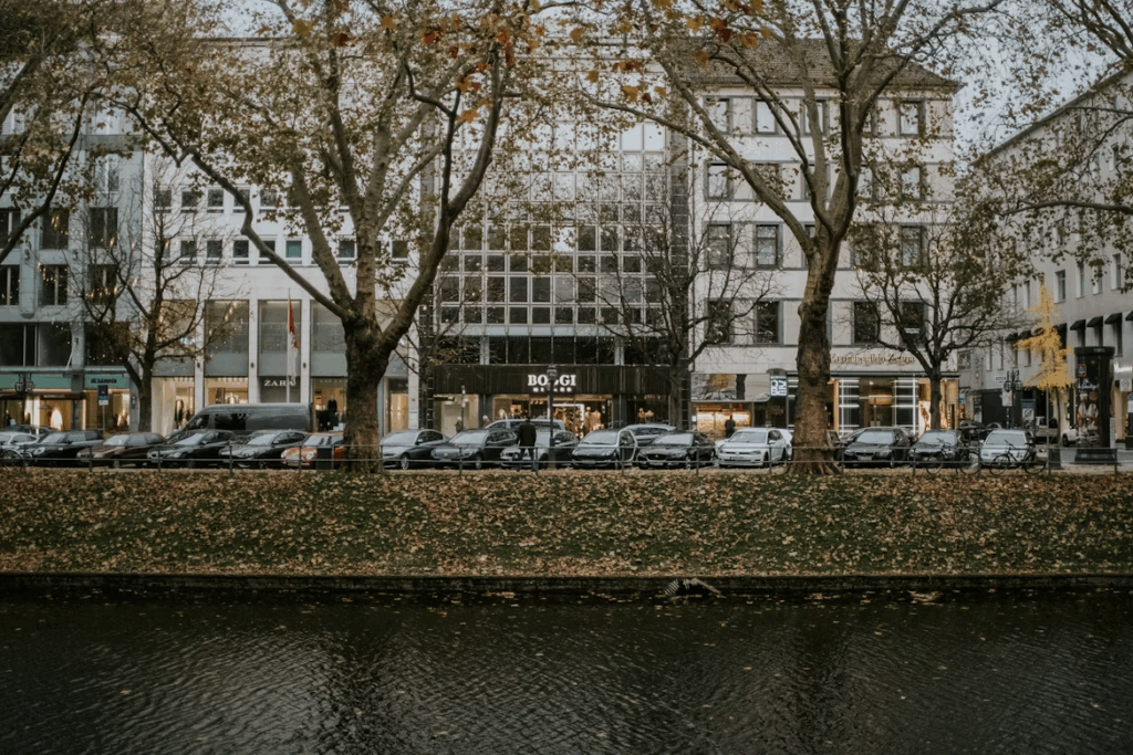 A row of parked cars lines a street in front of modern buildings with shops. Leafless trees and fallen leaves cover the pavement. A canal runs along the foreground, reflecting the overcast sky. | FintechZoom