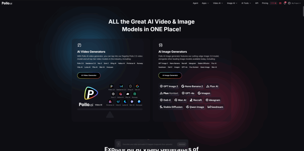 A dark-themed website homepage showcasing AI video and image generators, with two main panels listing various tools and their icons. The site logo is on the left panel, and navigation links are at the top. | FintechZoom