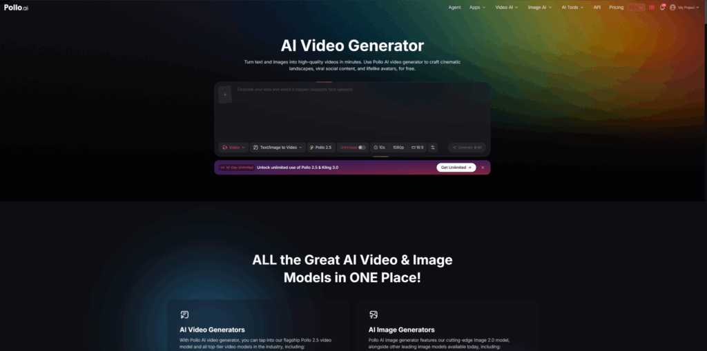 Screenshot of the Pollo AI website homepage, featuring an "AI Video Generator" tool with a dark interface and gradient background. Below, sections highlight AI video and image generators, each in a separate box. | FintechZoom