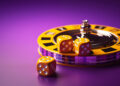 Three yellow dice rest on a purple surface near a yellow and black roulette wheel, with a purple background creating a vibrant casino-themed scene. | FintechZoom