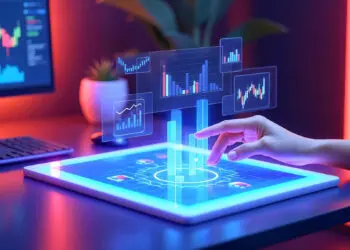 A hand interacts with a glowing digital tablet displaying holographic charts and graphs in a modern office with neon lighting, signifying data analysis and technology. | FintechZoom