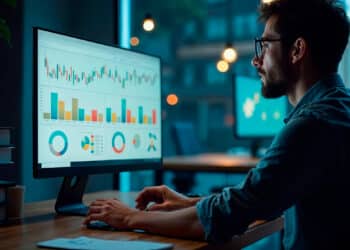 A man wearing glasses works at a computer displaying colourful charts and graphs, reflecting his focus on data analytics, in an office setting with books, papers, and another monitor in the background. | FintechZoom