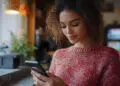A woman in a red jumper sits by a window, smiling as she looks at her mobile phone, with soft natural light and a cosy indoor background. | FintechZoom