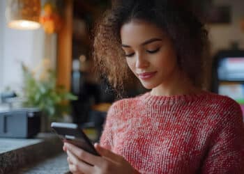 A woman in a red jumper sits by a window, smiling as she looks at her mobile phone, with soft natural light and a cosy indoor background. | FintechZoom