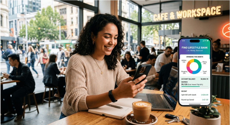A woman smiles whilst checking her phone at a café. Her laptop is open, and a coffee is on the table. An app on her phone shows spending statistics and recent transactions. The café is busy with other people. | FintechZoom