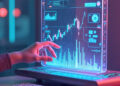 A hand interacts with a futuristic transparent computer screen displaying financial charts and graphs in a modern, neon-lit workplace. | FintechZoom