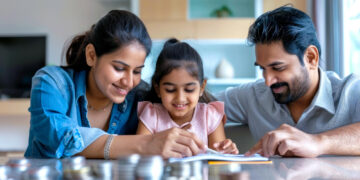 A smiling family of three, with a mother, father, and young daughter, sits at a table together, writing in a notebook, with stacks of coins in the foreground. | FintechZoom