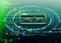 A 3D icon of a code symbol with angle brackets appears at the centre, surrounded by digital data lines and circular patterns on a green and blue futuristic background. | FintechZoom