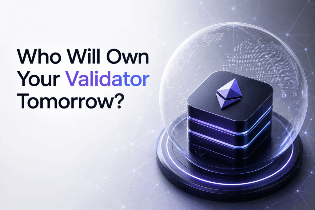 A digital illustration of an Ethereum logo inside a glass dome, sitting on a futuristic platform, with the text “Who Will Own Your Validator Tomorrow?” on the left—highlighting the evolving landscape of Validator Ownership. | FintechZoom