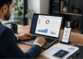 A man in a suit works on a laptop displaying graphs and charts. A mobile phone with a tick screen stands nearby. Documents, a passport, and a cup are on the wooden desk in a modern office setting. | FintechZoom