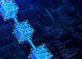 Digital illustration of blue cubes connected in a chain, representing blockchain technology, with glowing data lines and a futuristic circuit grid background. | FintechZoom