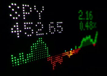 A digital share ticker shows “SPY 452.65” with green and red graph lines below, and numbers “2.16” and “0.48%” on the right, indicating positive market performance. | FintechZoom