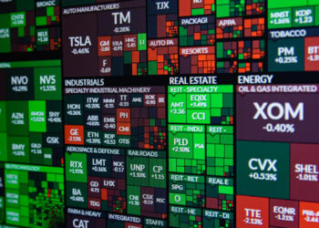 A digital stock market heat map displays various company tickers in red and green boxes, indicating price changes. Green boxes show gains, red indicate losses, and sector names like Energy, Industrials, and Real Estate are visible. | FintechZoom