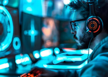 A person wearing headphones and glasses sits at a desk with multiple glowing computer screens, focused intently on a high-tech gaming or work setup in a futuristic, blue-lit room. | FintechZoom