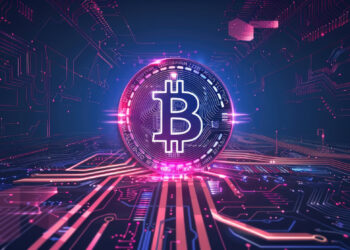 A glowing Bitcoin symbol hovers over a digital circuit board background, illuminated with pink and blue neon lights, representing cryptocurrency and blockchain technology. | FintechZoom