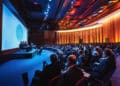 A large audience listens to a panel of speakers on stage in a modern, well-lit conference hall with a curved ceiling and ambient orange and blue lighting. | FintechZoom