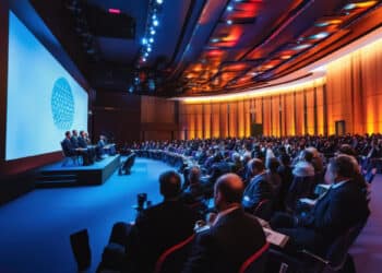 A large audience listens to a panel of speakers on stage in a modern, well-lit conference hall with a curved ceiling and ambient orange and blue lighting. | FintechZoom