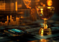 A golden trophy sits on a surface with digital screens displaying orange and blue charts and graphs in the background, suggesting achievement or success in a technological or financial context. | FintechZoom