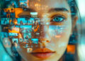 A close-up of a woman’s face overlaid with floating digital photo thumbnails, suggesting technology, memories, or social media. The images reflect across her skin, focusing on her intense blue eyes. | FintechZoom