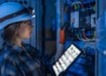 A woman wearing a hard hat and headtorch inspects an electrical control panel while holding a tablet displaying schematics. She wears safety glasses, gloves, and a checked shirt in a blue-lit industrial setting. | FintechZoom