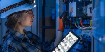 A woman wearing a hard hat and headtorch inspects an electrical control panel while holding a tablet displaying schematics. She wears safety glasses, gloves, and a checked shirt in a blue-lit industrial setting. | FintechZoom