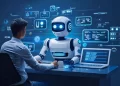 A man sits at a desk facing a humanoid robot. Both have laptops, and digital data graphics float above them, suggesting a high-tech conversation or collaboration. The background is blue, evoking a futuristic setting. | FintechZoom
