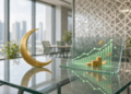A golden crescent and digital tablet displaying a rising graph with stacked coins sit on a glass table in a modern office with city views and geometric wall patterns. | FintechZoom