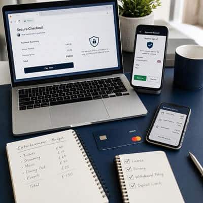 A laptop, smartphone, and tablet displaying payment and security interfaces, arranged on a desk next to two open notebooks and a credit card. | FintechZoom
