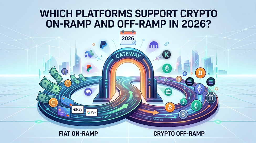 Infographic titled “Which platforms support crypto on-ramp and off-ramp in 2026?” showing a central gateway with arrows indicating the flow from fiat currency on one side to cryptocurrency on the other. | FintechZoom