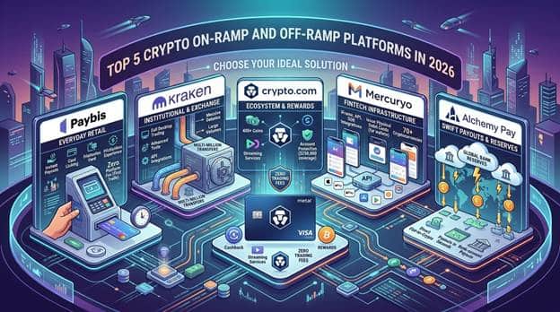 Infographic titled “Top 5 Crypto On-Ramp and Off-Ramp Platforms in 2026,” showcasing Paybis, Kraken, crypto.com, Mercuryo, and Alchemy Pay with their respective key features and services. | FintechZoom